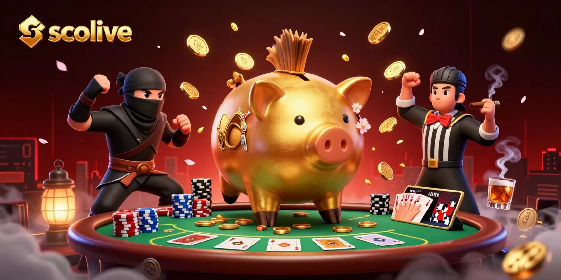 Socolive brings excitement with a 3D scene featuring a golden piggy bank sumo wrestler and poker elements.