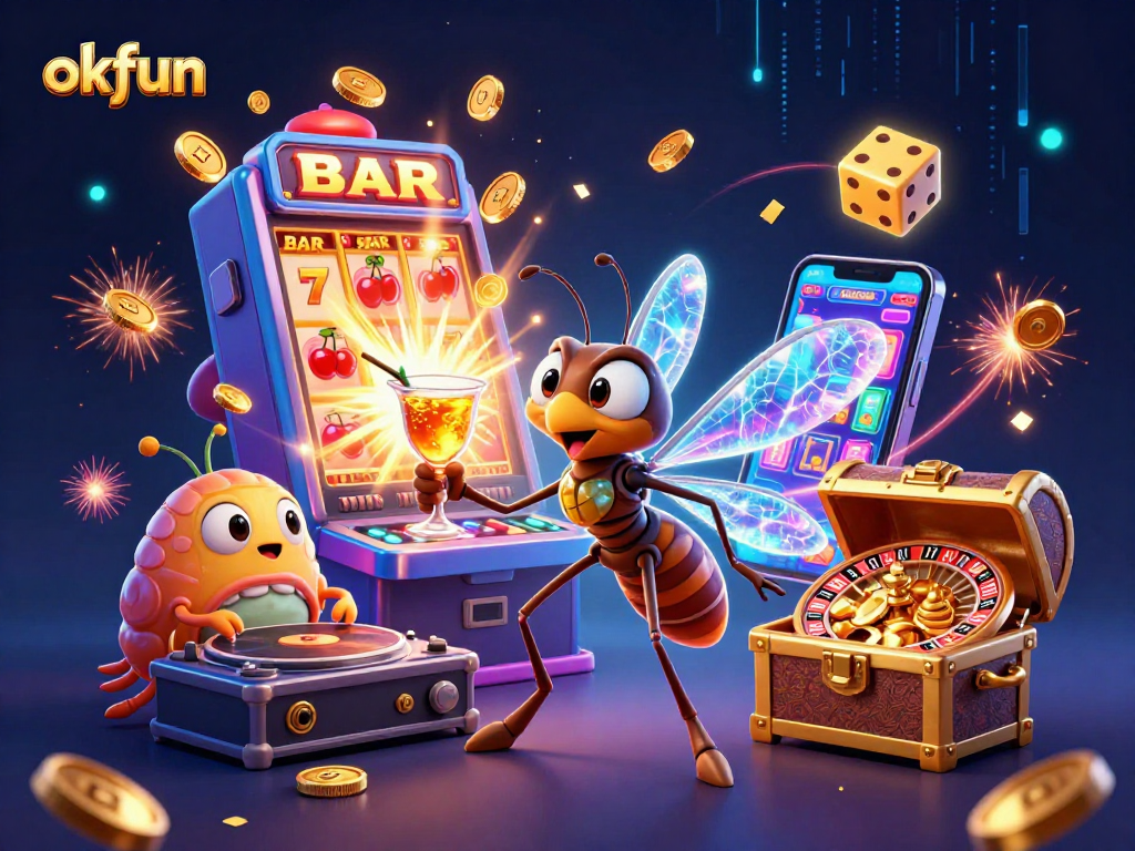 Experience the exciting world of okfun with a vibrant casino scene featuring unique characters and game elements.
