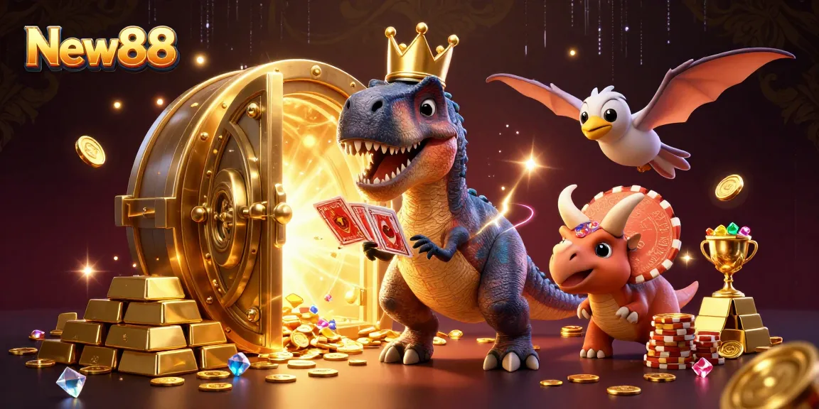 Engage with New88 at a vibrant online casino featuring dynamic characters and treasures.