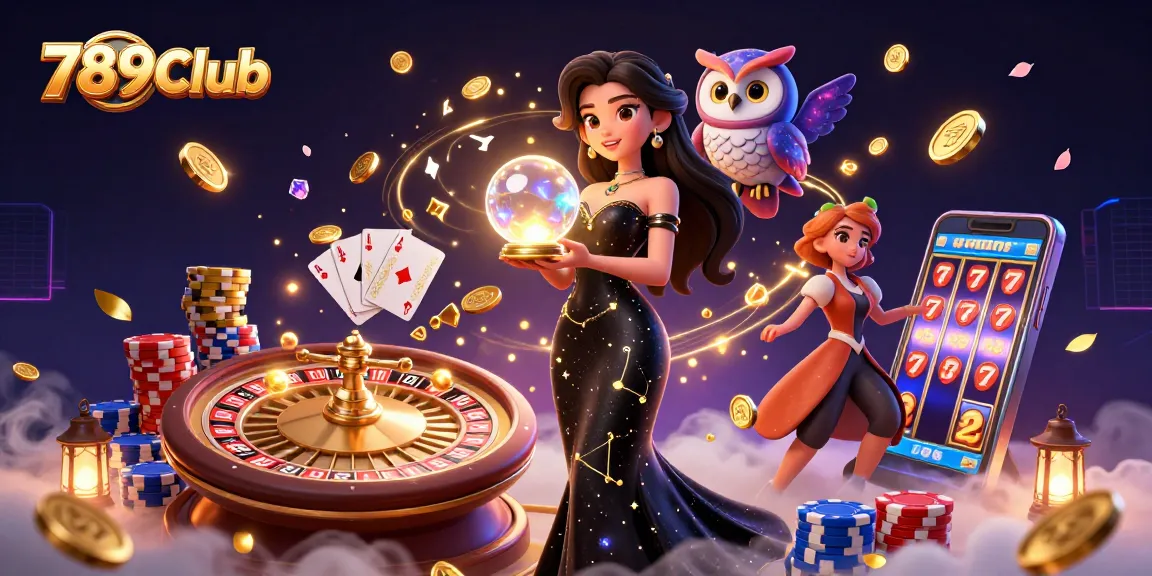 Enjoy 789Club's thrilling games with a glamorous lady and mystical owl in an enchanting casino scene.