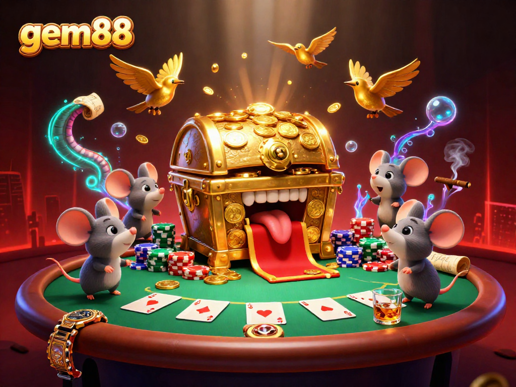 Engage in exciting poker action with gem88's vibrant illustration featuring rich casino elements.
