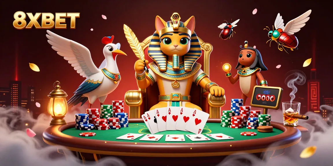 Experience the excitement of 8XBET with a vibrant pharaoh cat, iconic poker elements, and rich casino atmosphere.