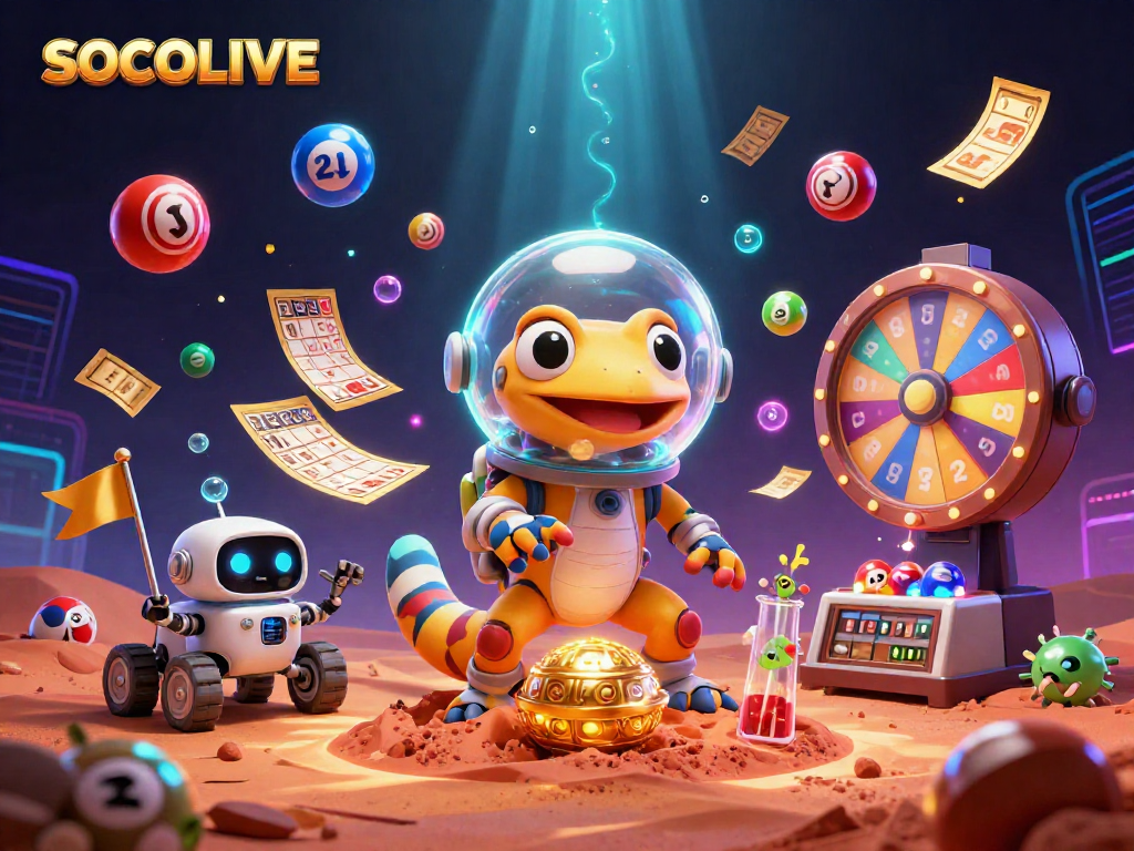 SOCOLIVE showcases a vibrant 3D casino scene with Martian gecko, full of excitement and gaming elements.