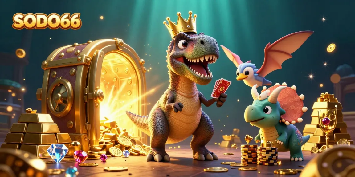 Experience thrilling fun with SODO66 as a T-Rex shuffles cards in a vibrant casino scene.