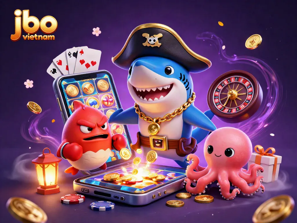 Engage with jbo vietnam's exciting atmosphere featuring a pirate shark, pufferfish, and octopus amidst vibrant casino elements.