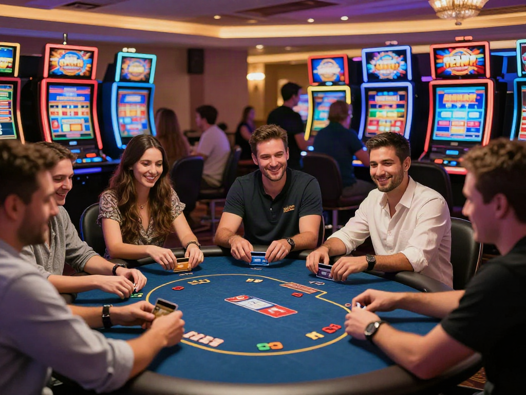 Exciting credit card casino scene with players at a poker table enjoying their gaming experience.