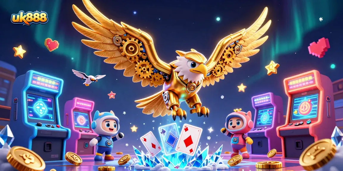 Experience the excitement of uk888 with a dynamic 3D golden eagle illustration diving through casino-themed holographic cards.
