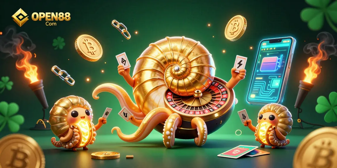 Experience exciting games at OPEN88 Com with a giant nautilus and glowing crypto coins.