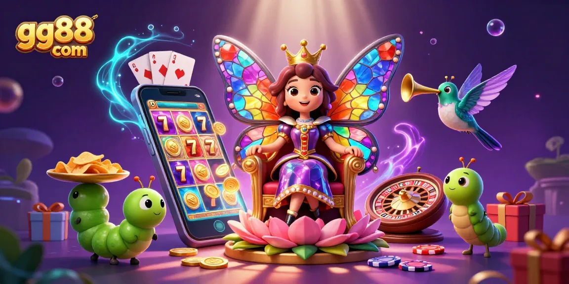 Experience the thrill of gaming with gg88 com, featuring a colorful 3D casino scene with a butterfly queen and thrilling slot games.