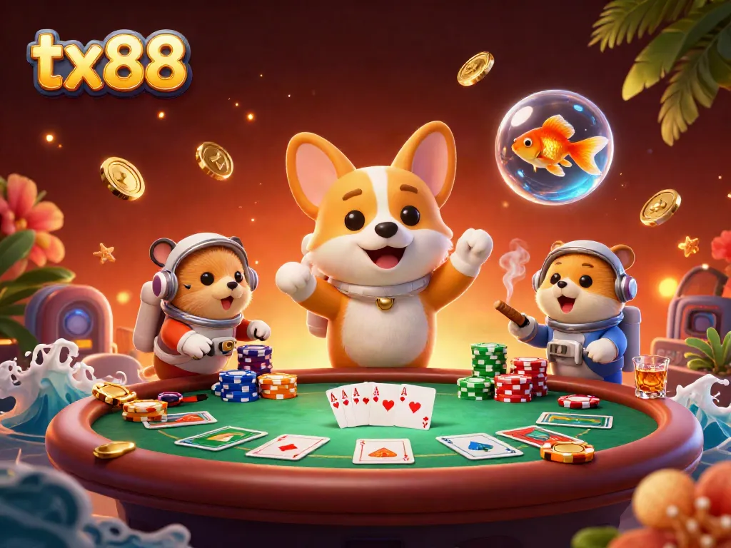 Witness the tx88 gaming excitement in zero gravity with poker chips flying and characters immersed in action!