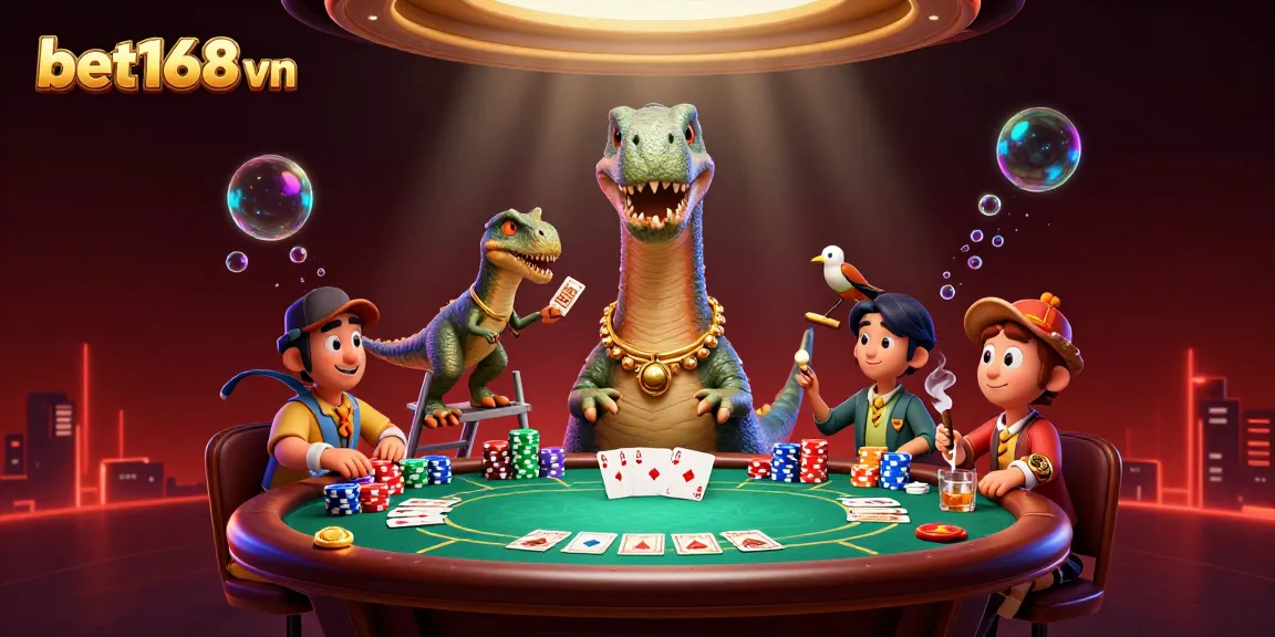 Experience the excitement of bet168 vn as a raptor deals cards at a poker table beneath a giant brontosaurus.