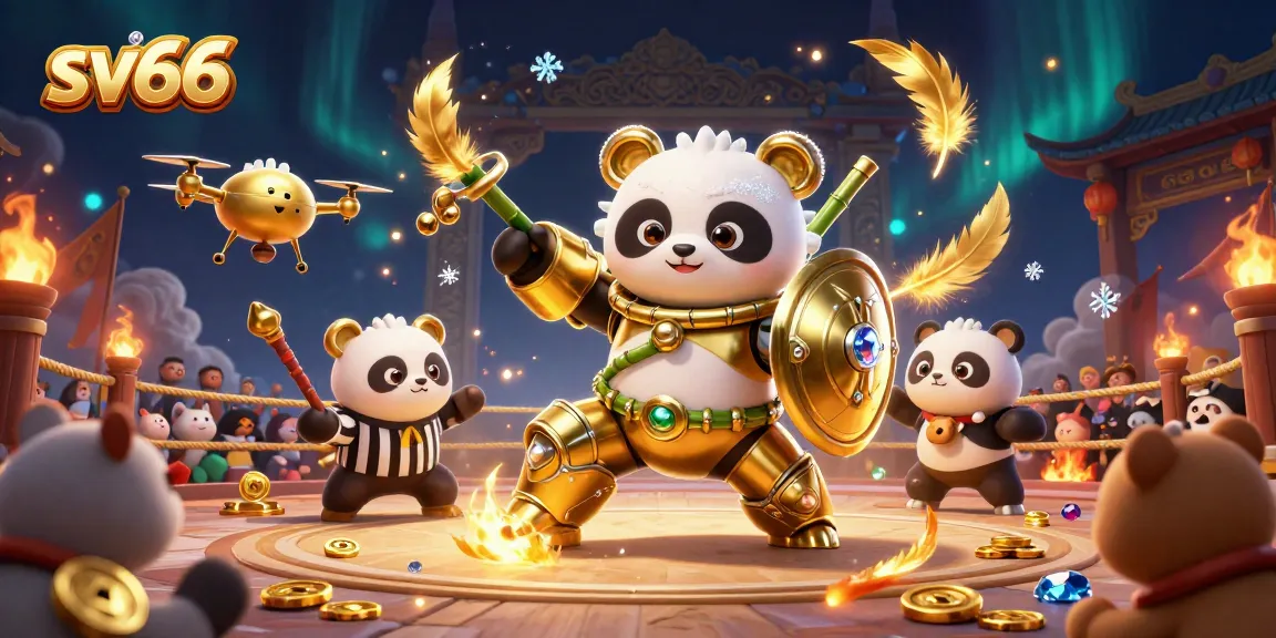 Engaging sv66 cockfighting scene with golden panda robot in a vibrant gambling arena