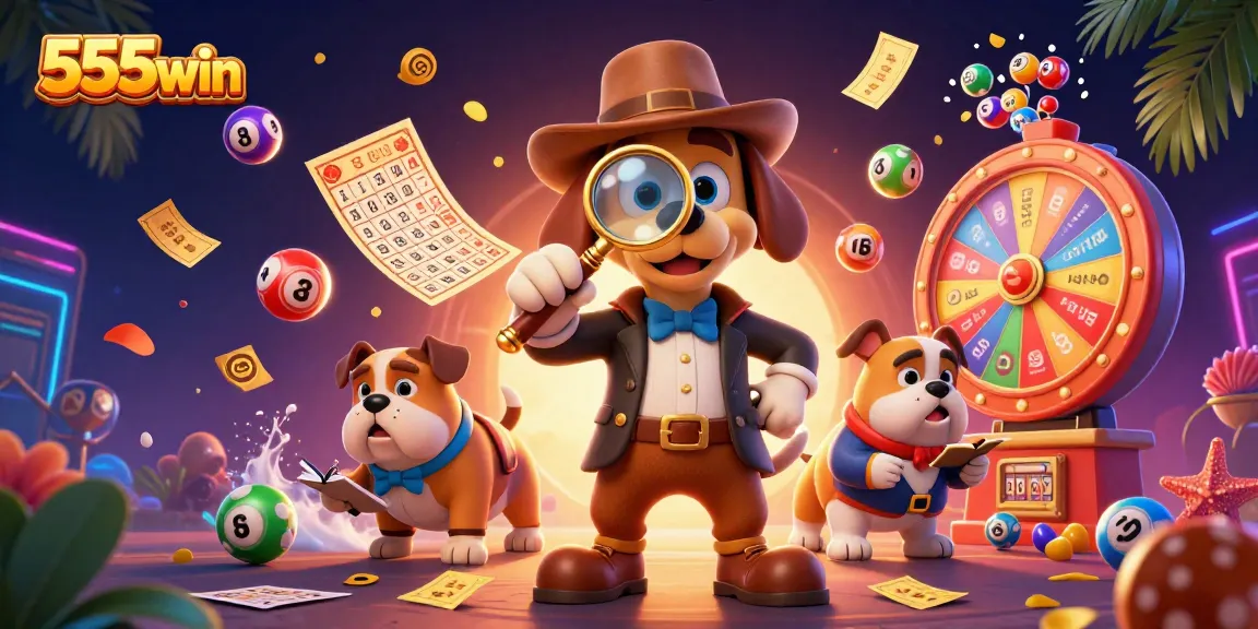 Engage with 555win's thrilling scene featuring a cartoon detective and lottery game elements.