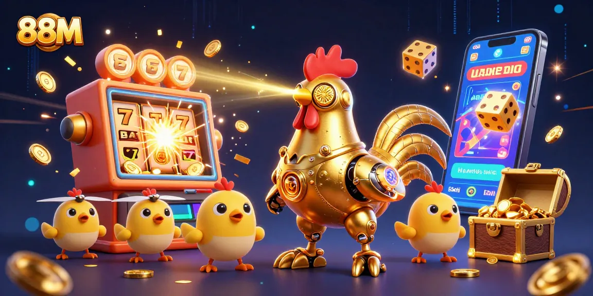 Experience the dynamic world of 88M online casino with animated golden rooster and slot surprises.