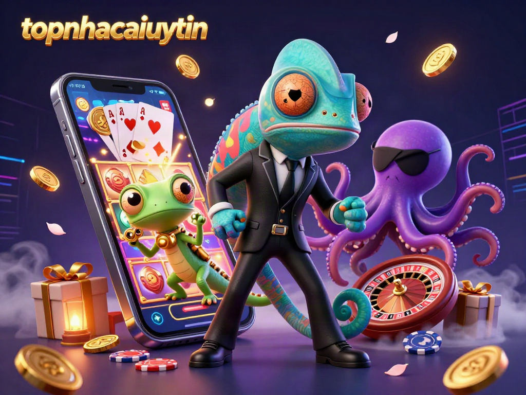 Engage with topnhacaiuytin's vibrant casino adventure featuring a chameleon agent amidst symbols of luck.