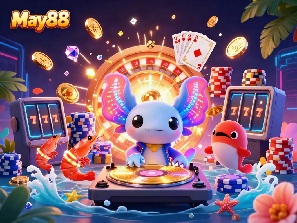 Experience the vibrant May88 gaming scene with colorful 3D characters and dynamic casino elements.