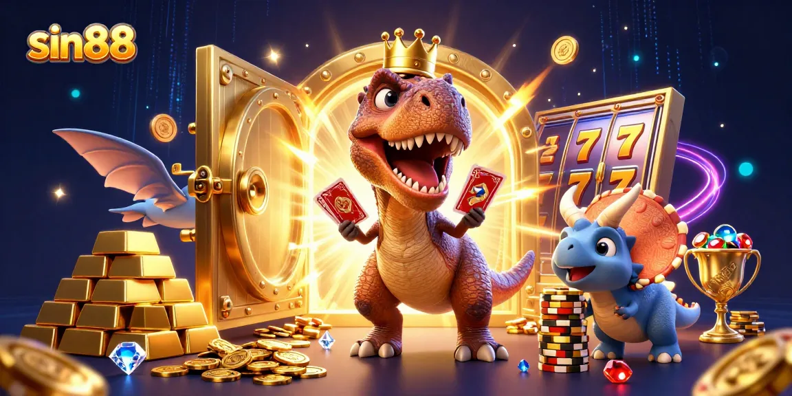 sin88 casino scene with T-Rex shuffling cards and triceratops stacking chips
