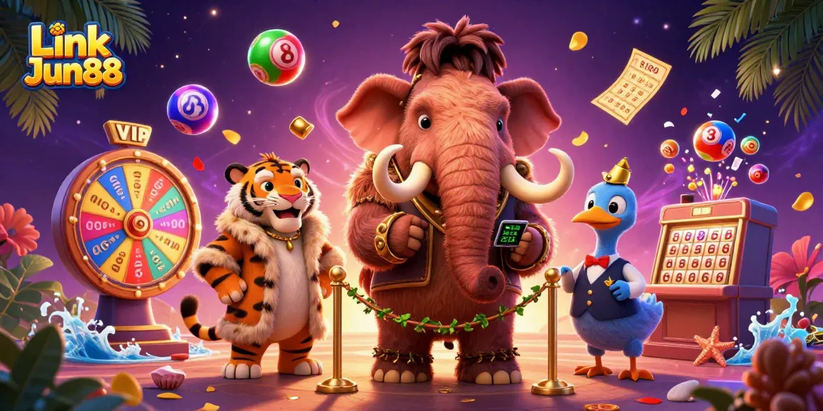 Experience thrilling action at Link Jun88 with vibrant lottery elements and whimsical casino characters.