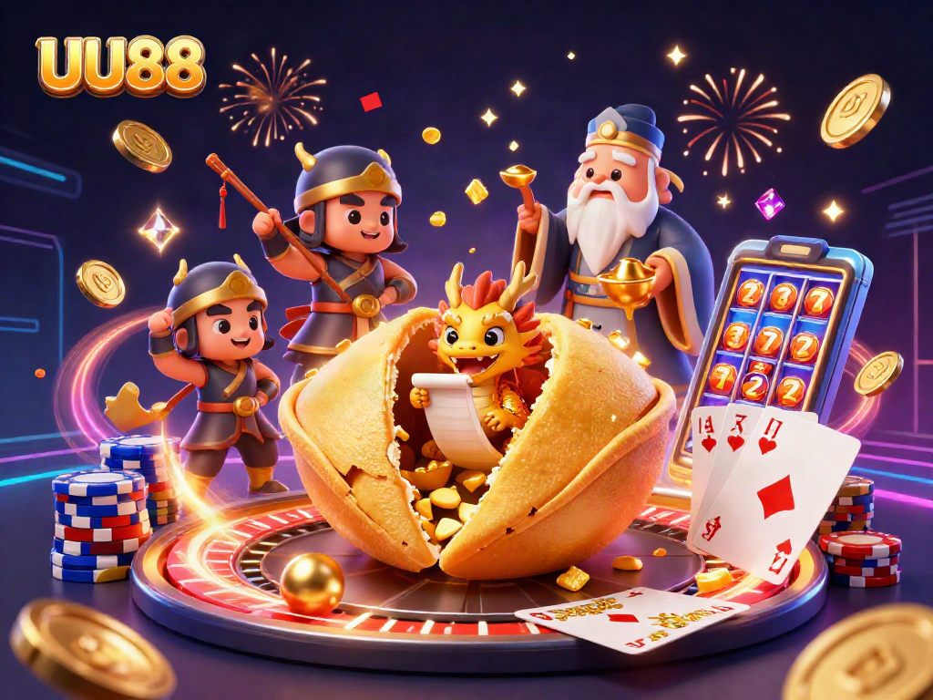 Engage in winning strategies at UU88 by spinning the roulette wheel with animated fortune characters.