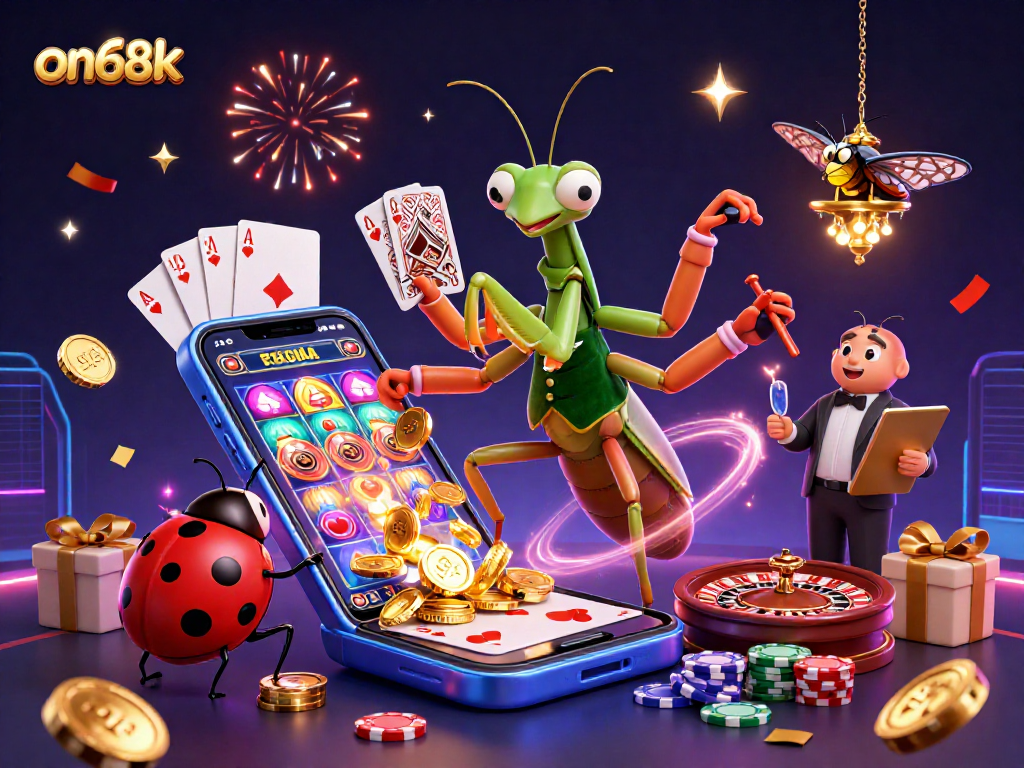 Engage with on68k by spinning vibrant slot reels and winning dynamic casino prizes in a festive scene.