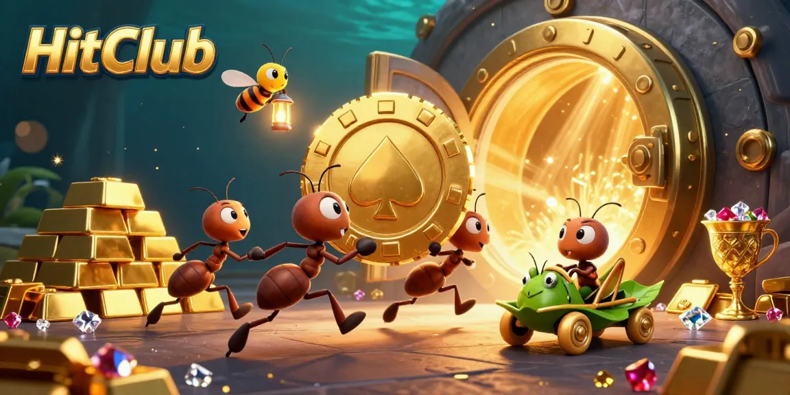 Join the HitClub adventure as ants heist with a giant poker chip in an exciting casino-themed scene.