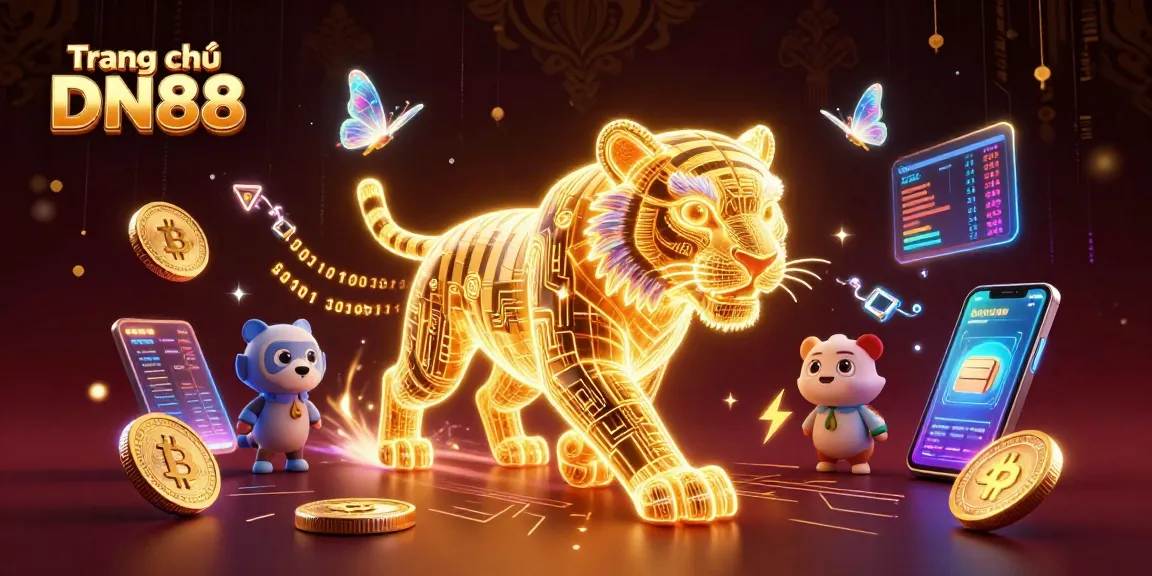 Experience excitement on Trang chủ DN88 with a vibrant casino landscape featuring a neon-wireframe tiger and crypto elements.