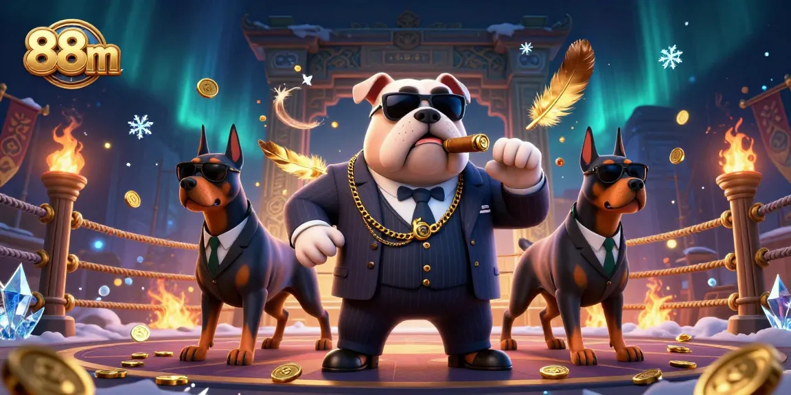 Bet on 88m with a lively scene featuring a mafia bulldog and engaging casino elements.