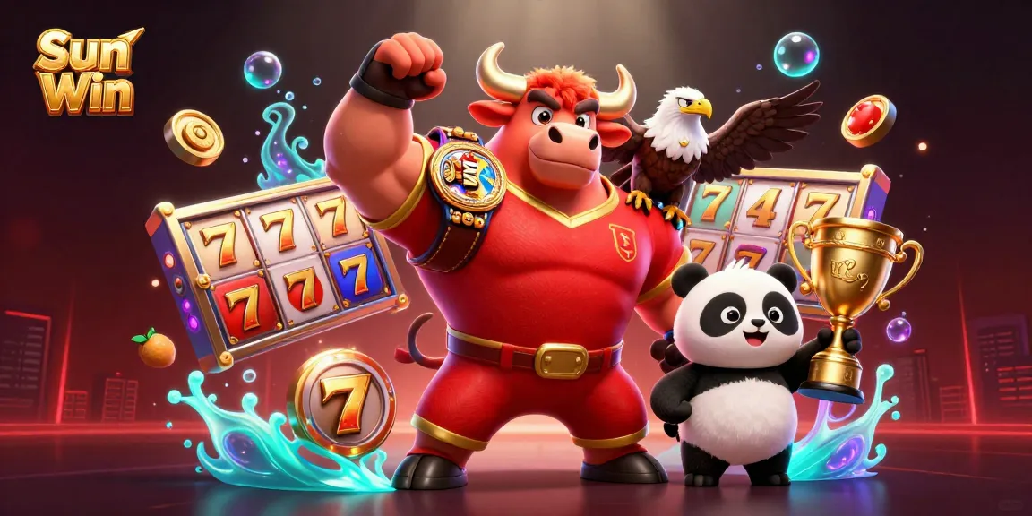 Engage with Sun Win's vibrant gaming experience featuring a 3D bull mascot celebrating a big win amid floating slot game elements.