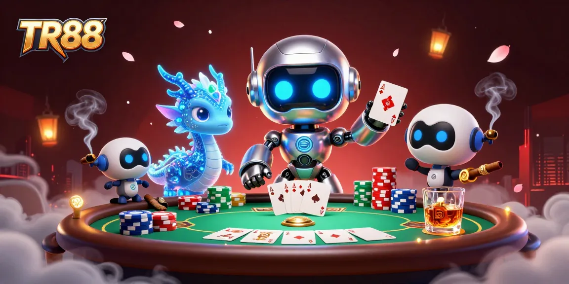 Engage with the TR88 gaming action featuring a cyberpunk robot and poker theme