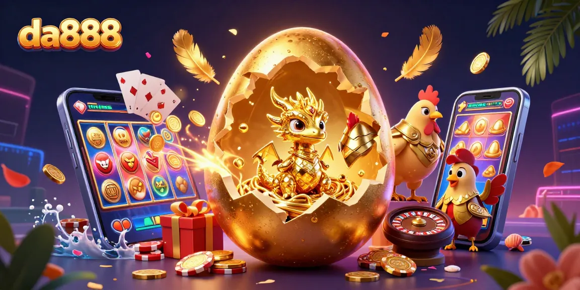 Experience the thrill of da888 with a golden dragon, vibrant slots, and immersive casino elements.
