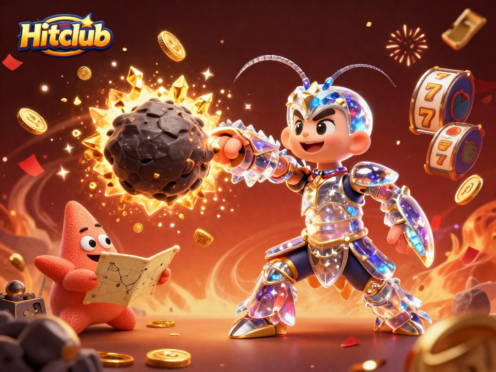 Hitclub showcases a galactic samurai mantis shrimp battling asteroids, with slots and festive elements.