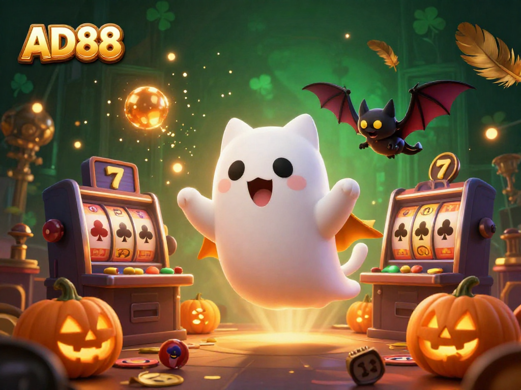Experience the thrill of AD88 with a lively ghost cat and vibrant casino elements.