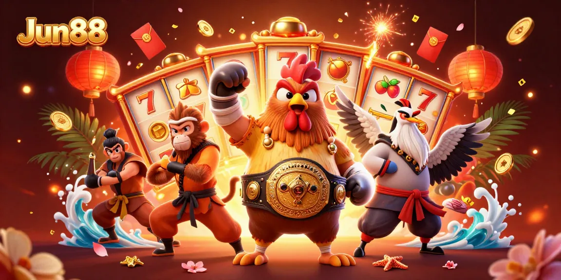 Experience Jun88's vibrant gaming world with thrilling slot reels and dynamic characters.