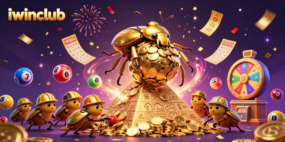 Spin to win at iwinclub with dynamic 3D cartoon illustration of golden dung beetles and casino symbols.