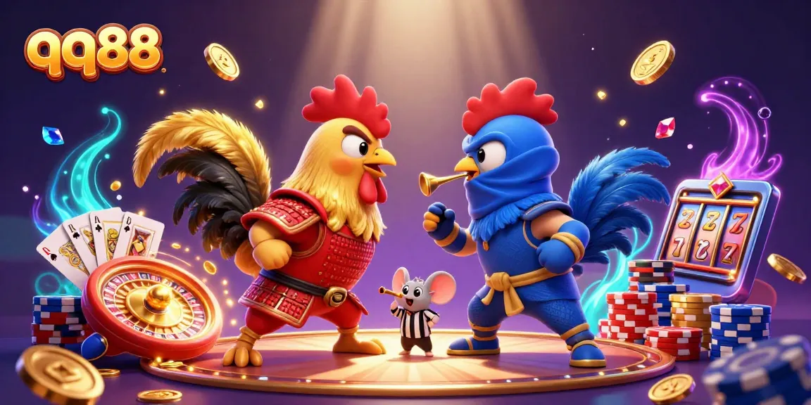 Experience intense action in qq88 with dynamic roosters clashing in a packed casino scene.