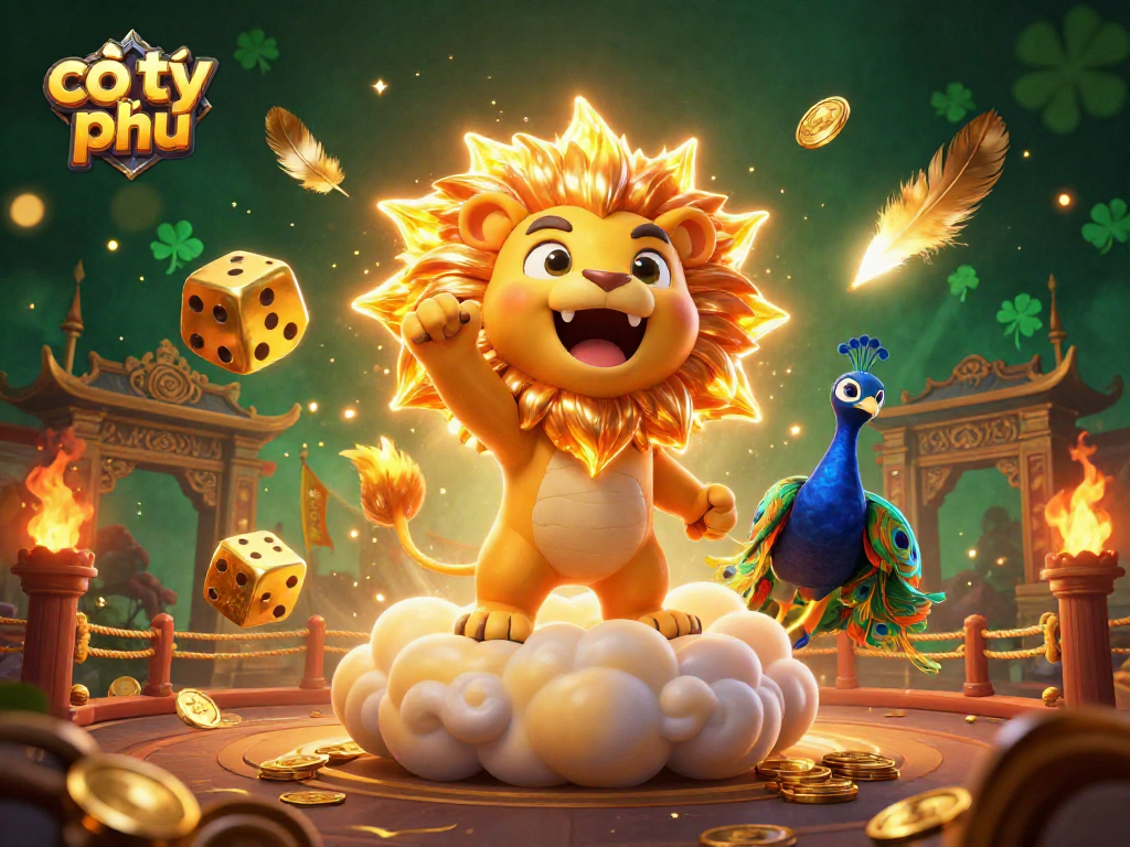 Engage with cờ tỷ phú, a vibrant casino game scene featuring a sun lion and golden dice.