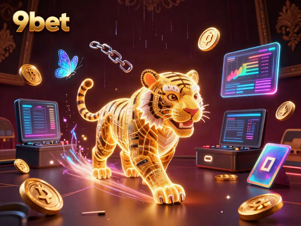 Experience the thrill of 9bet with vibrant casino scenes full of energy and crypto elements.