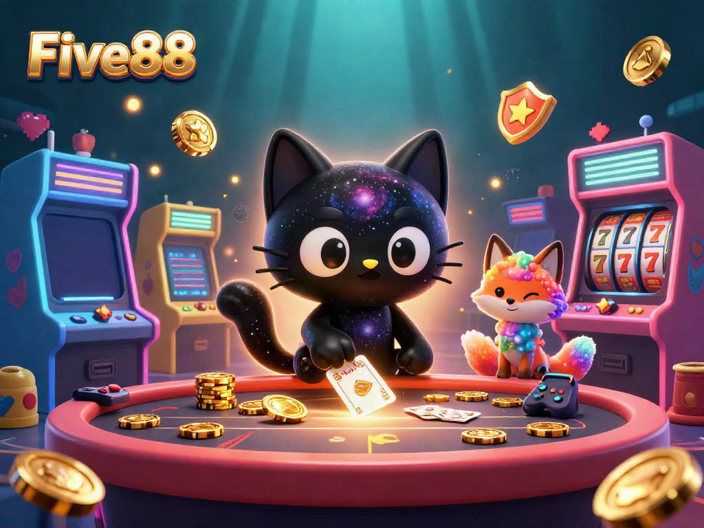 Experience the excitement of Five88 with a black hole cat at a cosmic casino table, surrounded by vibrant game elements.