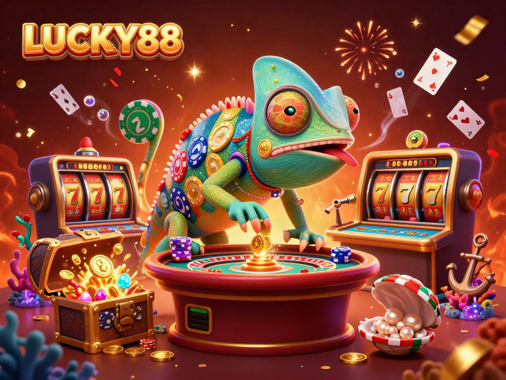 Experience thrilling wins with LUCKY88 in this vibrant casino illustration