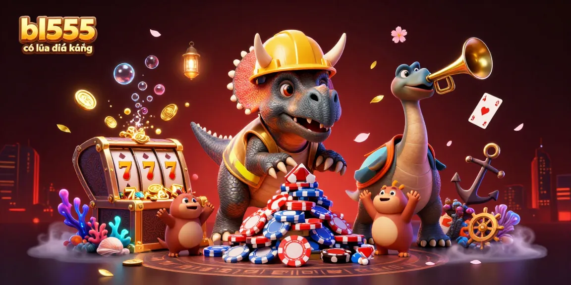 Experience the vibrant energy of bl555 có lừa đảo không with a fierce triceratops building poker chip towers amidst celebratory casino elements.