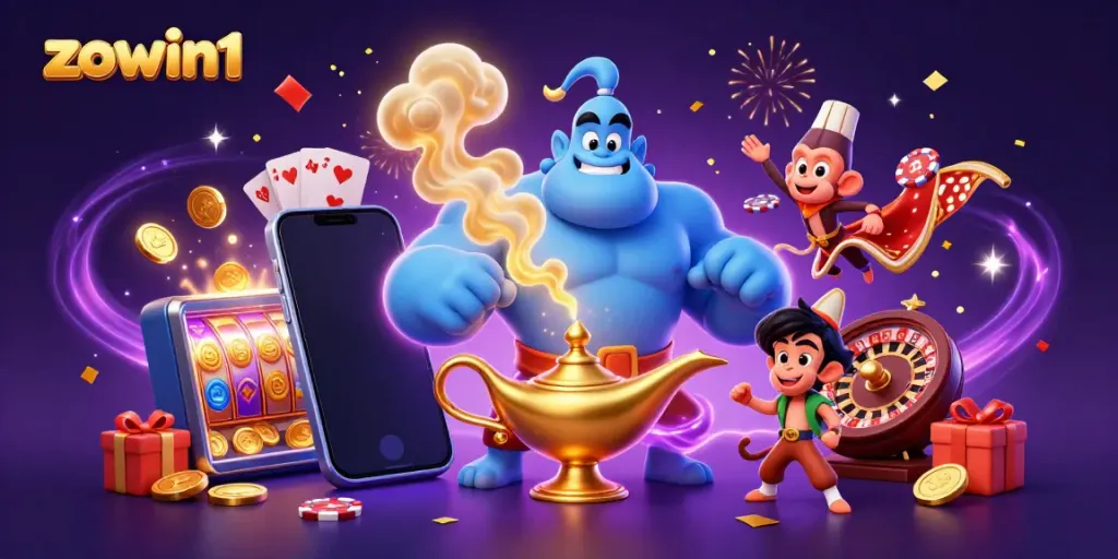 Engage with the vibrant scène of zowin1 featuring a magical genie and casino symbols.