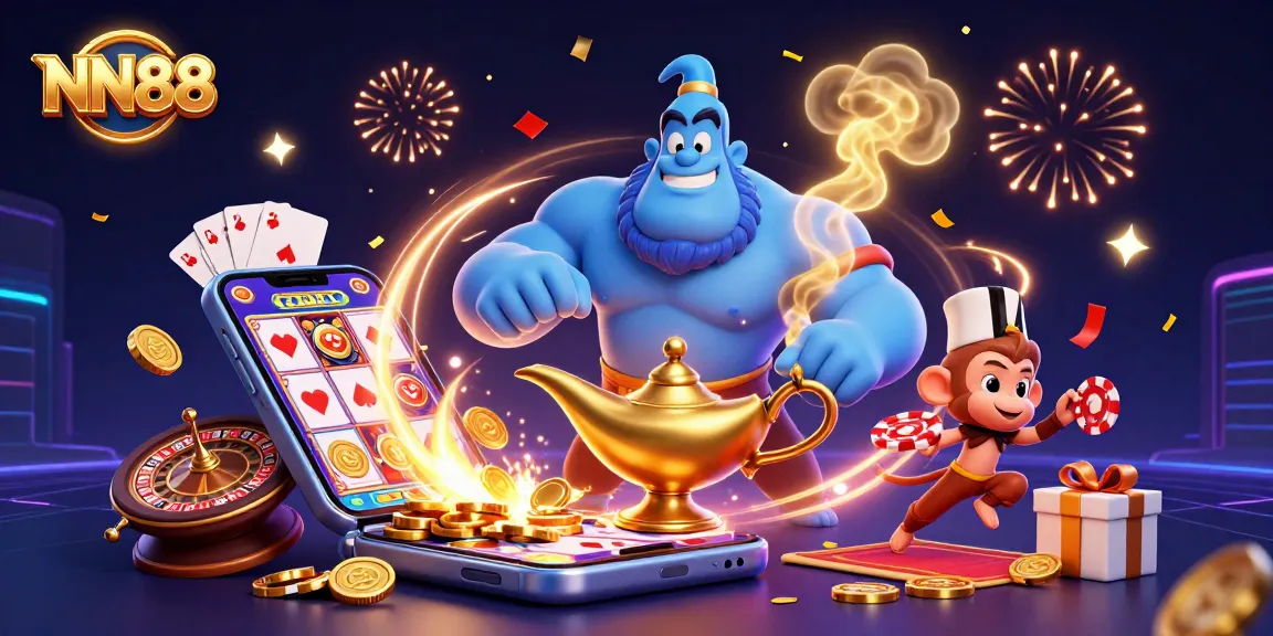 Experience NN88's thrilling gaming atmosphere with colorful slot games and exciting casino visuals.