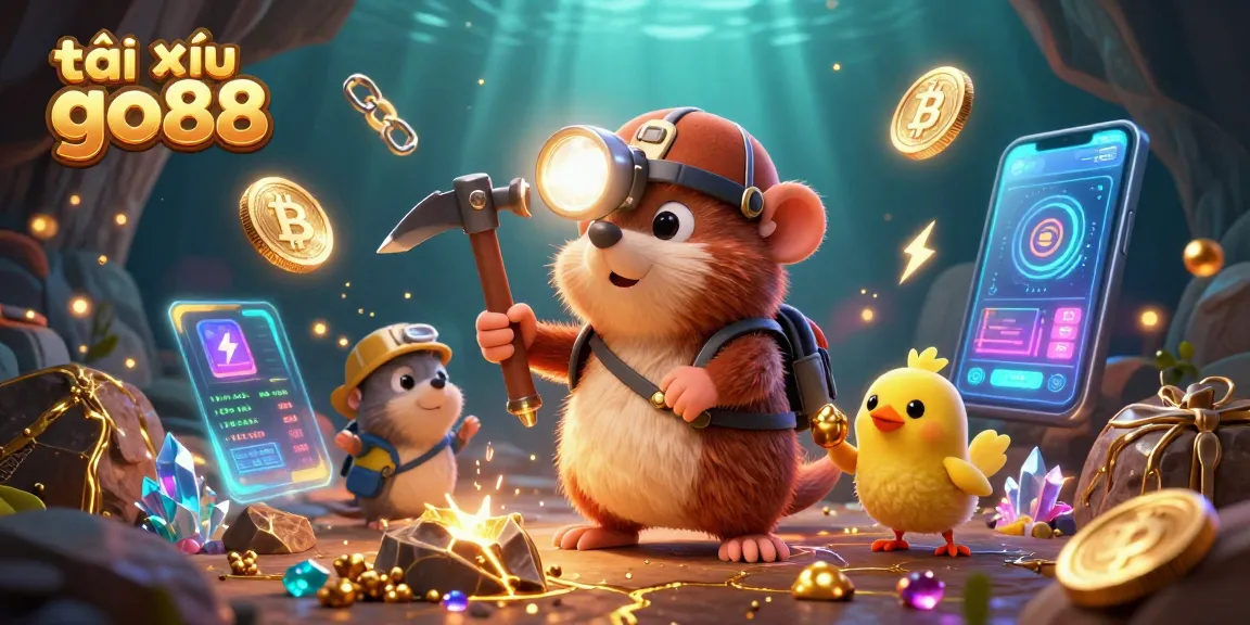 Tài xỉu go88 game scene featuring a treasure hunter mole mining and crypto elements floating around him.