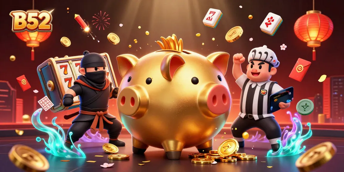 B52 game features a golden piggy bank sumo wrestler facing a wallet ninja in a vibrant casino atmosphere.