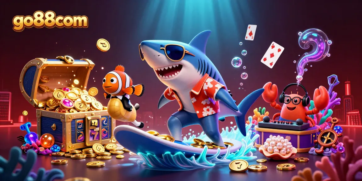 Experience thrilling slots with go88com as a shark rides gold coins in a vibrant coral reef.