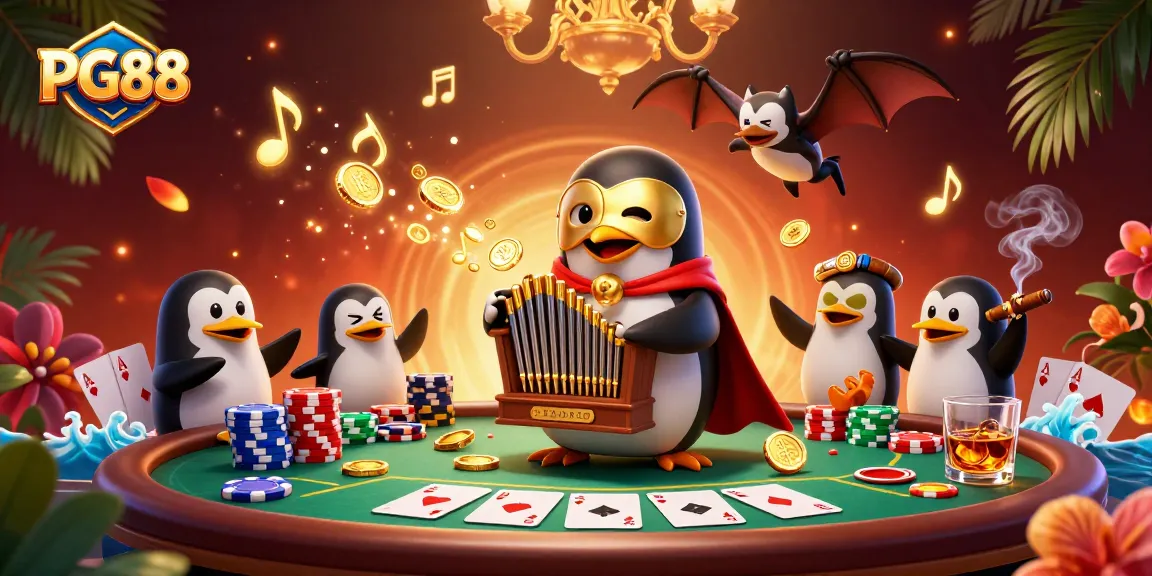 Engage with PG88 in a vibrant casino scene filled with golden coins, poker chips, and a playful penguin.