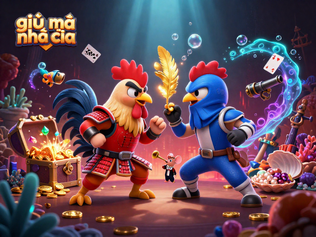 Engage with giải mã nhà cái strategy in this vibrant 3D casino illustration featuring epic rooster combat.