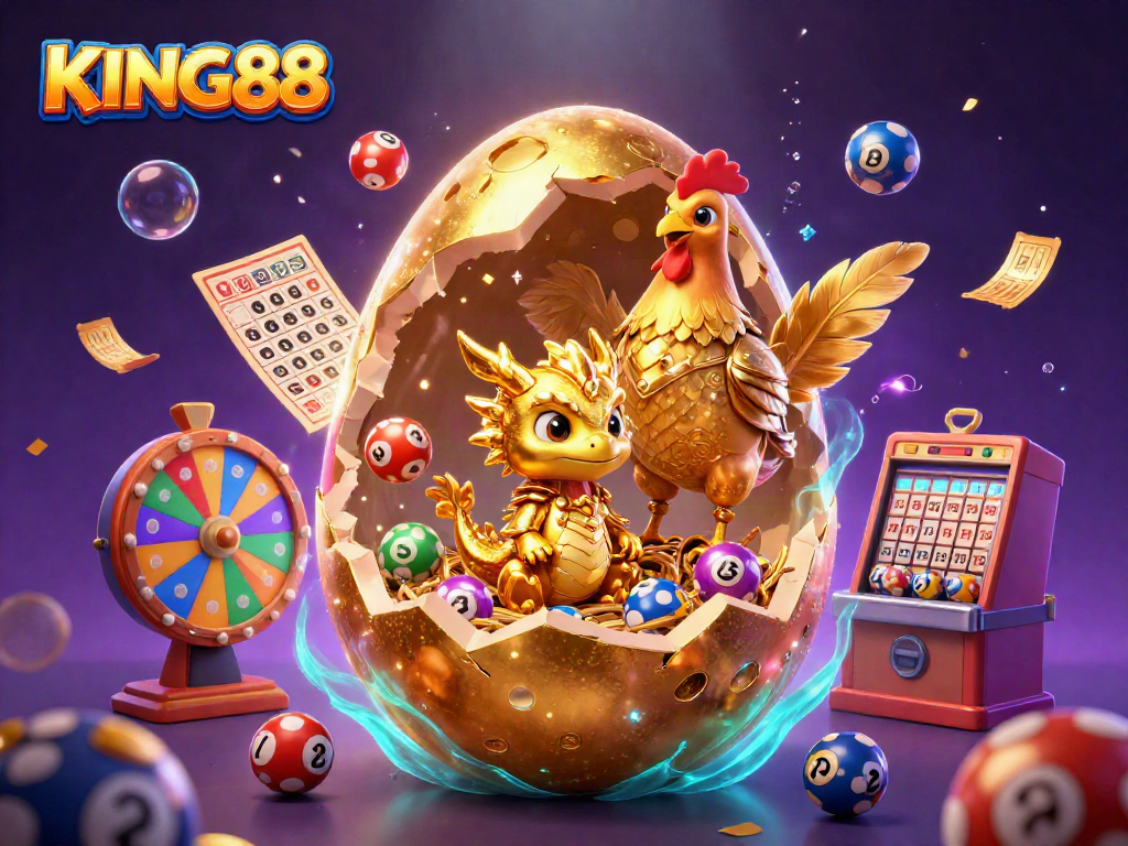 Engage with KING88's thrilling casino gameplay featuring a gold baby dragon, poker chips, and vibrant lottery elements.