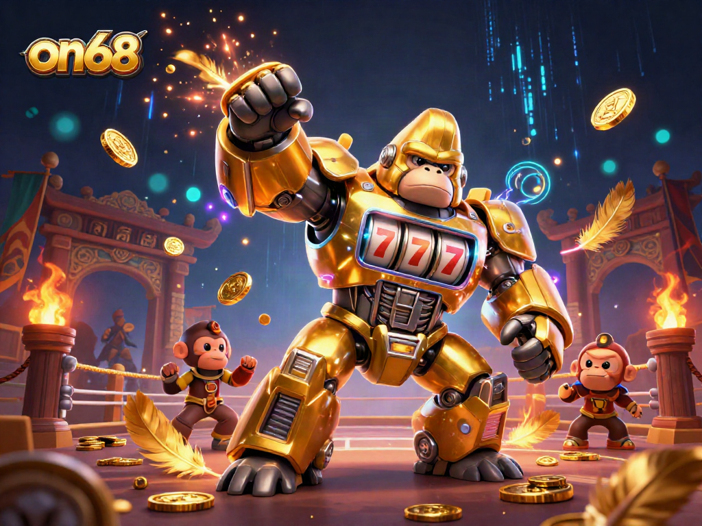 Engage in thrilling action with on68's golden gorilla mech amidst swirling coins and vibrant casino elements.