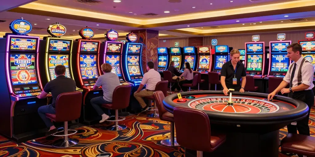 Players enjoying games at Howzit Casino UK with vibrant slot machines and engaging atmosphere.